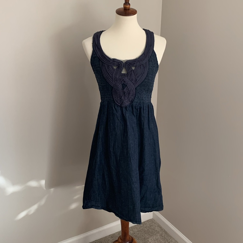 Unique denim dress with smocked top